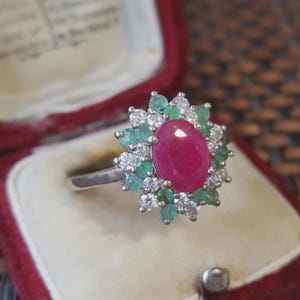 Sterling Silver Ring Ruby Emerald & Topaz Floral Cluster Design UK Size Q US 8