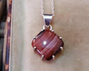 925 Sterling Silver Necklace, Red Tiger's Eye Pendant, 18" Silver Chain