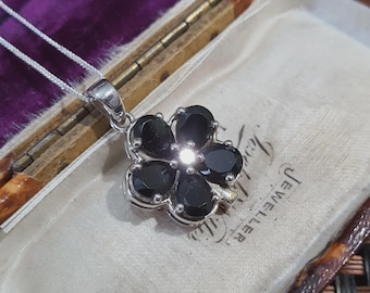 925 Sterling Silver Necklace, Natural Black Onyx Gemstones Pendant, Floral