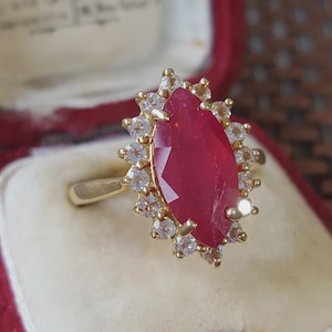 Gold Plated Sterling Silver Ring Natural Ruby Topaz Marquise Halo UK Size O