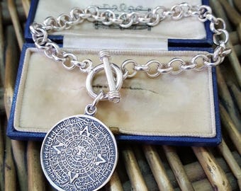 925 Sterling Silver Bracelet, Aztec Calendar Charm Bracelet, Toggle, Mexico