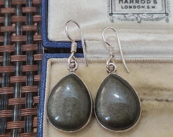 925 Sterling Silver Earrings, Natural Sheen Obsidian Dangle Earrings, Teardrop