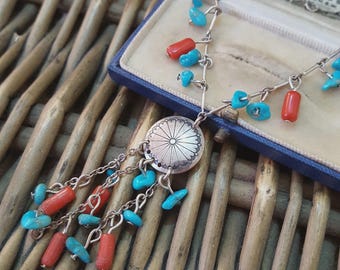 Vintage 925 Sterling Silver Necklace, Turquoise And Coral Charms, Southwest