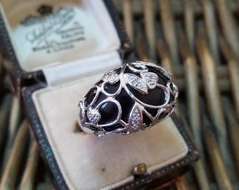 Qvc 925 Sterling Silver Ring, Black Onyx And Diamonds Ring, Size N US 6.75