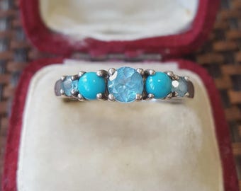 Sterling Silver Half Eternity Ring Sleeping Beauty Turquoise & Blue Topaz Size U