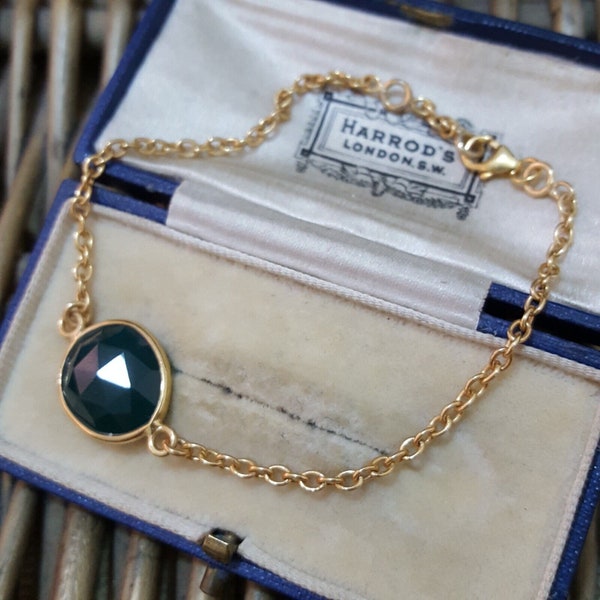 925 Sterling Silver Bracelet, Green Onyx, Gold Over, Monica Vinader Style