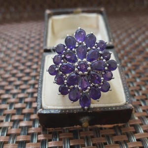 K&ouml;nnte beinhalten: Ein Silberring mit einem Cluster aus tiefvioletten Amethyst-Edelsteinen. Die Edelsteine sind in einem floralen Muster angeordnet, mit einer Mischung aus runden und tropfenf&ouml;rmigen Formen. Der Ring wird in einer Vintage-Schmuckschatulle pr&auml;sentiert.