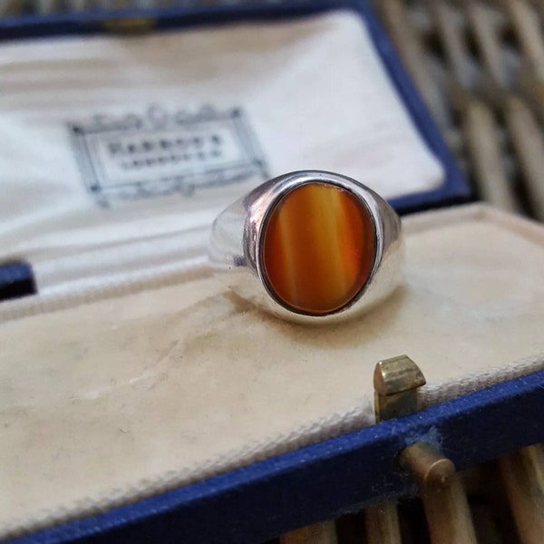 Vintage 925 Sterling Silver Men's Signet Ring, Red Agate, Size O.5 US 7.5, 1977