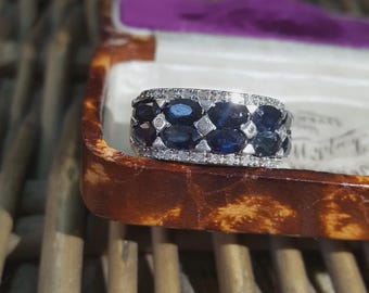 925 Sterling Silver Ring, Natural Sapphires And Diamonds Ring, Size J US 4.75