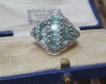 925 Sterling Silver Ring, Natural Zambian Emeralds Ring, Size M.5 US 6.5