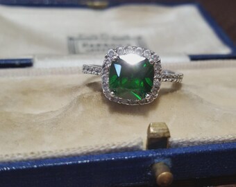 Sterling Silver Ring Simulated Emerald & Diamond Halo UK Size Q / US 8.25 /EU 58
