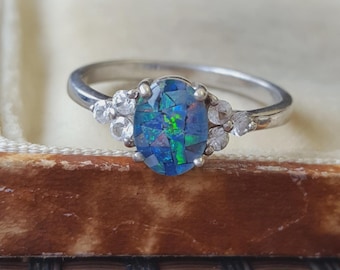 925 Sterling Silver Ring Natural Australian Opal and Topaz UK Size S US 9