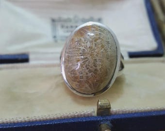925 Sterling Silver Ring, Natural Coral Fossil Ring, Size P.5 US 7.75, Statement