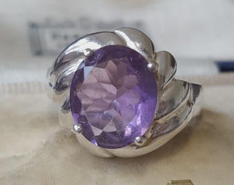 Sterling Silver Ring Amethyst Large Oval Faceted Crossover Statement UK Size P.5