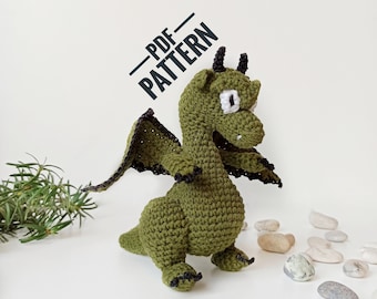 Crochet dragon amigurumi pattern, green dragon figurine, fantasy creature birthday gift