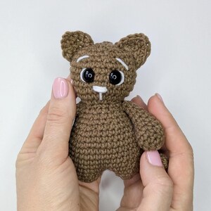May include: A small brown crocheted animal figure with large black plastic eyes, white embroidered eyebrows, and a white stitched nose detail. The figure has pointed ears and a rounded body, crafted with a consistent yarn stitch pattern throughout.