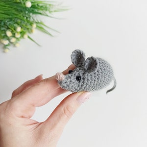 May include: A small gray crocheted mouse with black eyes and a pink nose. The mouse is being held by a hand.