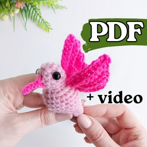 May include: A pink crocheted hummingbird with black eyes. The hummingbird is being held in a person's hand. The image includes the text "PDF + video".