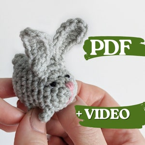 Può includere: Un coniglietto all'uncinetto grigio con il naso rosa e gli occhi neri. L'immagine include il testo "PDF + VIDEO".