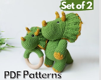 Crochet dinosaur pattern, set of 2 PDF patterns, amigurumi dinosaur baby shower gift