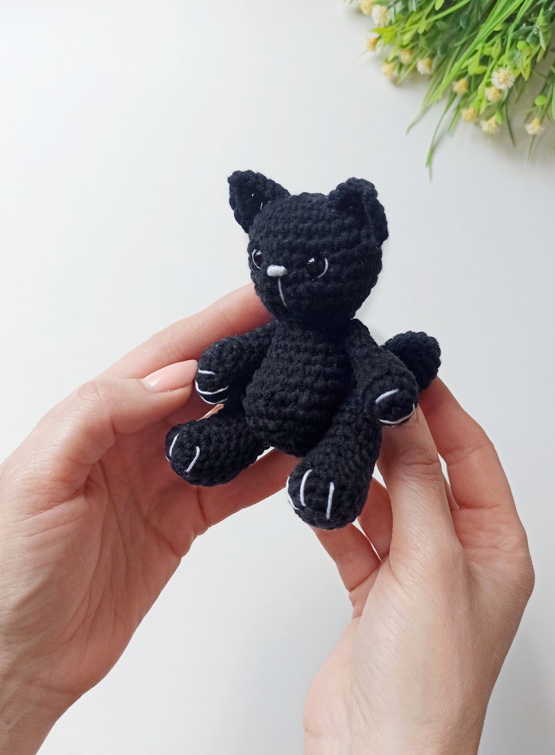 May include: A small black crocheted cat toy with white accents on the paws and face.