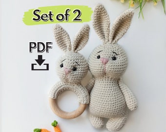 Crochet bunny pattern, amigurumi bunny crochet rattle, set of 2 crochet patterns