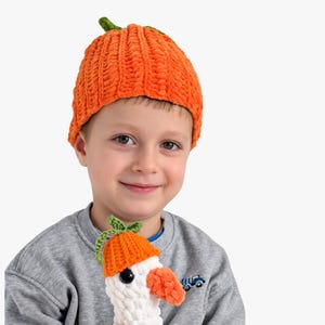 May include: A bright orange crochet beanie with a ribbed texture and a small green stem on top. The beanie is paired with a matching white crochet plush toy that features an orange hat, a green stem, and a prominent orange beak.