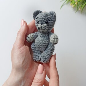 May include: A small gray crocheted cat toy with black eyes and a black nose. The cat is sitting in the palm of a person's hand.