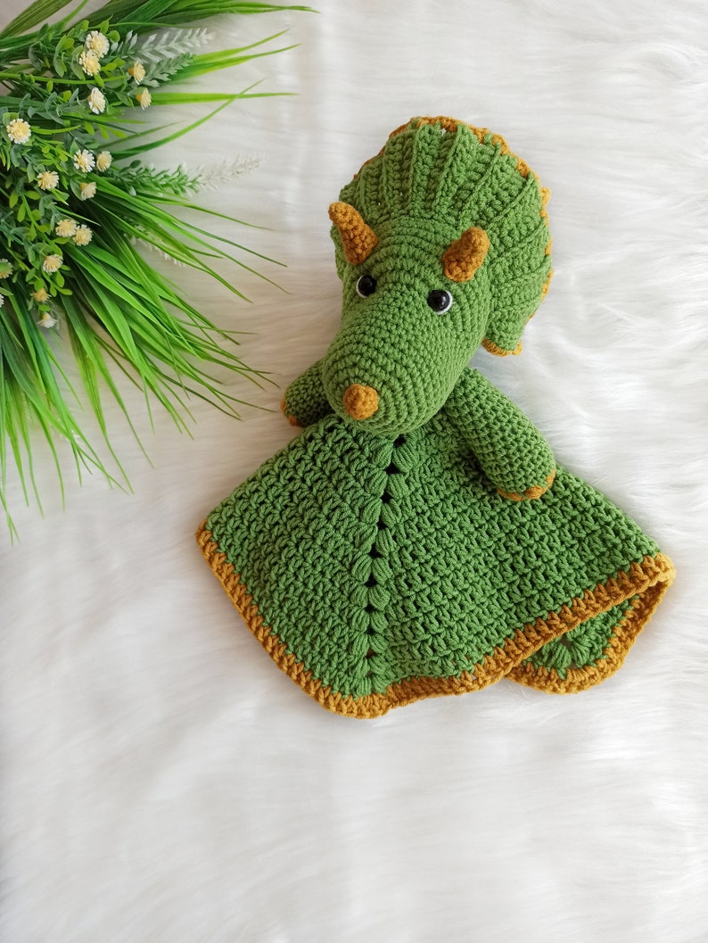 Crochet dinosaur pattern, crochet triceratops security blanket, crochet baby lovey pattern image 9