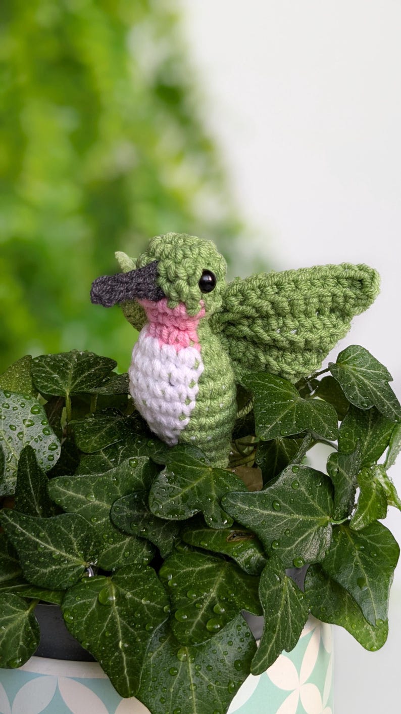 May include: A crocheted hummingbird made with green, white and pink yarn, sitting on a green leafy plant.