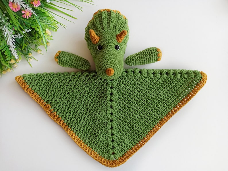 Crochet dinosaur pattern, crochet triceratops security blanket, crochet baby lovey pattern image 10