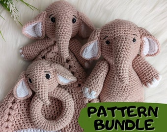 Crochet elephant pattern bundle, crochet lovey baby blanket, baby rattle crochet pattern, set of 3 amigurumi elephant patterns