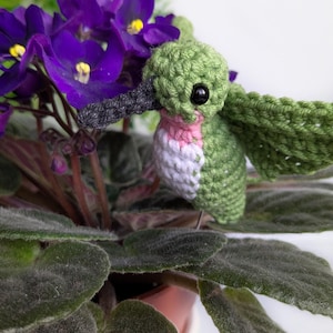 May include: A crocheted hummingbird toy with green and pink feathers, perched on a potted African violet plant with purple flowers.