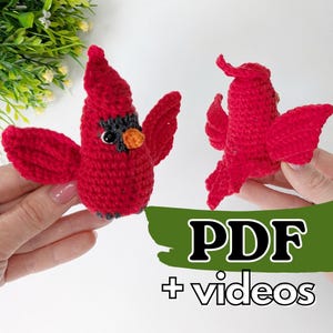 May include: Two handmade red crochet cardinal birds with black and orange details. The birds have outstretched wings and are held by hands. The image includes the text "PDF + videos" in a green banner.