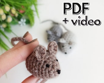 May include: Two crocheted mouse toys, one brown and one gray, with black eyes. The text "PDF + video" is written in black on a white background.