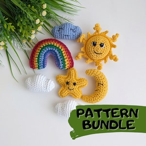 Easy Crochet Patterns Bundle, Sun, Moon, Star, Cloud, Rainbow, crochet baby mobile, Crochet keychains