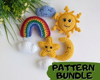 Easy Crochet Patterns Bundle, Sun, Moon, Star, Cloud, Rainbow, crochet baby mobile, Crochet keychains