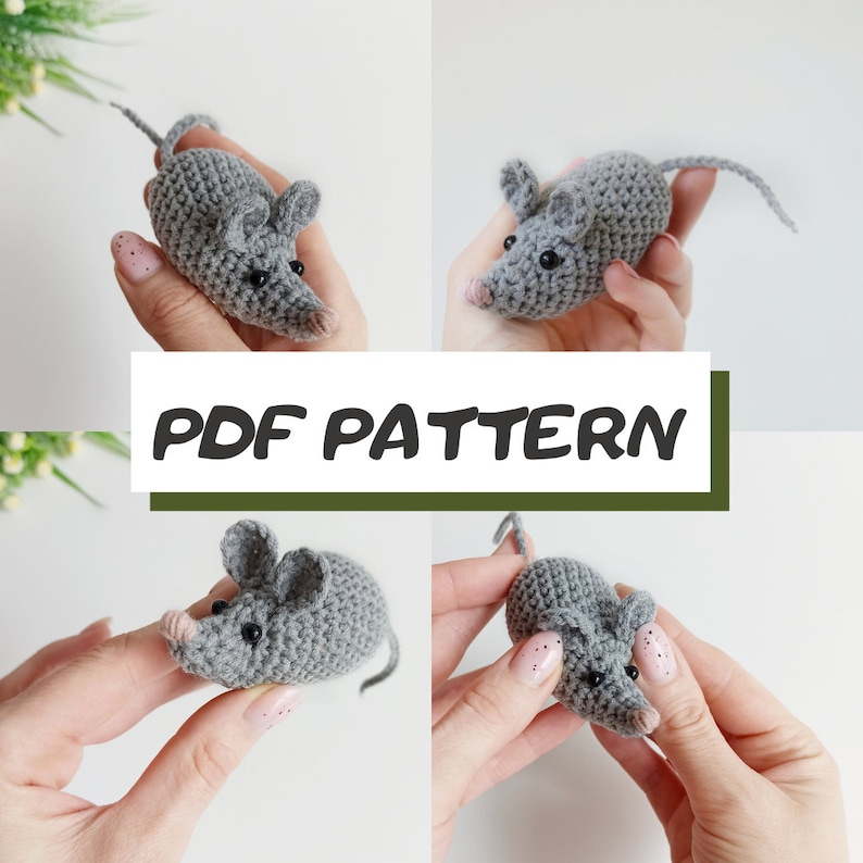 May include: Crochet pattern for a gray mouse amigurumi toy. The pattern is available as a PDF download. The image shows four different views of the finished toy.