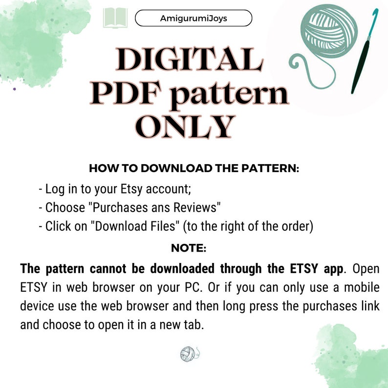 K&ouml;nnte beinhalten: An image announcing a digital PDF pattern with the text "DIGITAL PDF pattern ONLY." Instructions for downloading the pattern are included. The image also features a ball of yarn and a crochet hook.