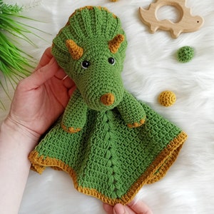 Crochet dinosaur pattern, crochet triceratops security blanket, crochet baby lovey pattern image 8