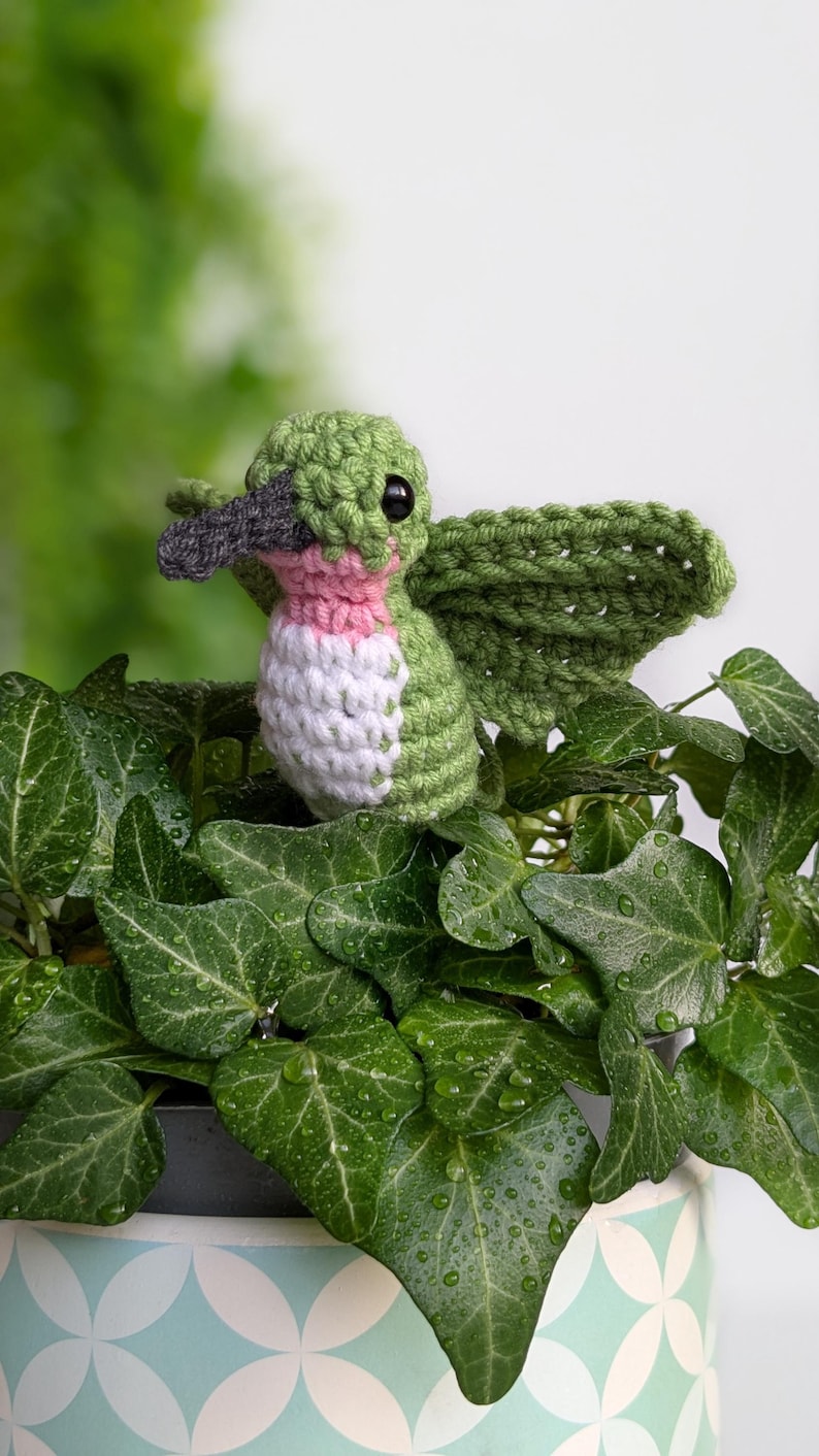 May include: A green and pink crocheted hummingbird with black eyes and a black beak. The hummingbird is perched on a green leafy plant in a light blue and white patterned pot.