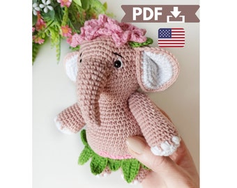 Crochet elephant toy amigurumi pattern, plush elephant figurine