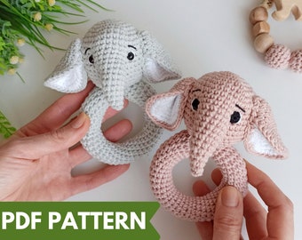 Patrón PDF de sonajero de elefante de ganchillo para bebé, patrón de amigurumi de elefante