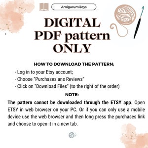 May include: A digital PDF pattern for crocheting, with instructions on how to download the pattern from Etsy. The image features a crocheted ball of yarn and a crochet hook.