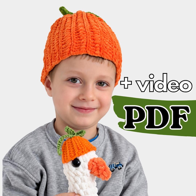 May include: A bright orange crocheted pumpkin hat with a green stem on top, paired with a small white crocheted toy featuring an orange hat and beak. The image includes the text + video PDF displayed in white and black over a green shape.