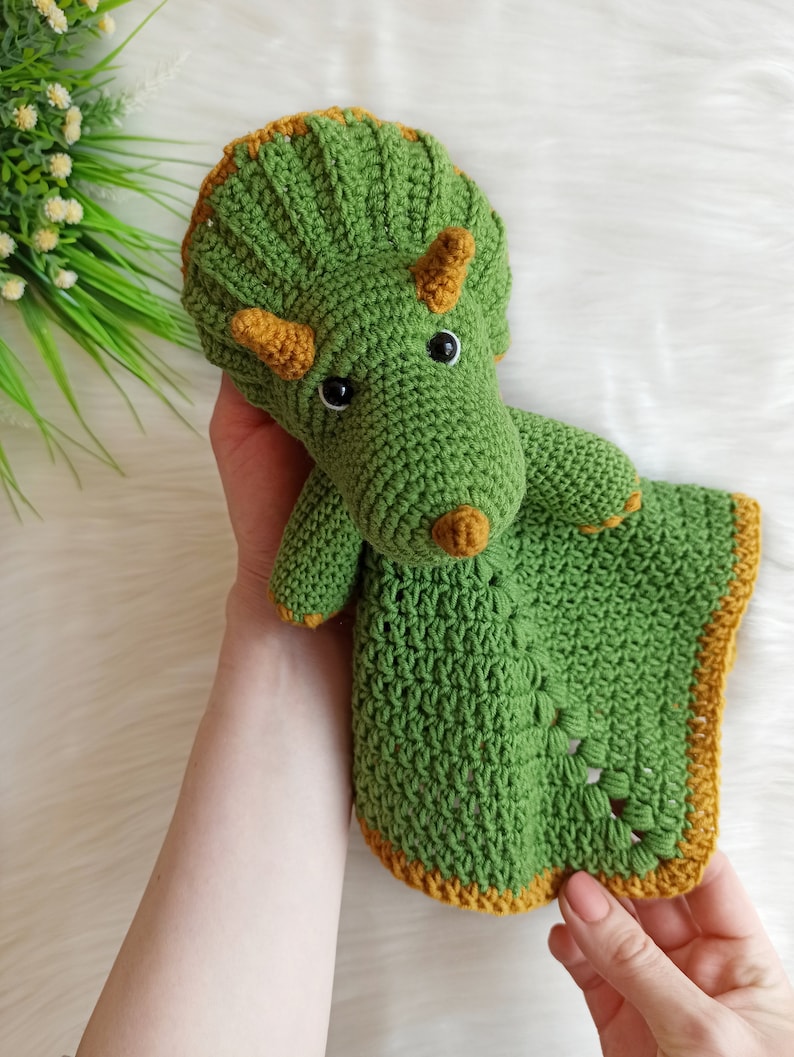 Crochet dinosaur pattern, crochet triceratops security blanket, crochet baby lovey pattern image 5