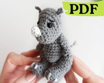 Padrão de crochê de rinoceronte, padrão de crochê para iniciantes em miniatura de animais