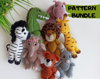 Crochet PDF pattern bundle, mini crochet animals: lion, elephant, hippo, alligator, zebra, tiger, rhino, giraffe