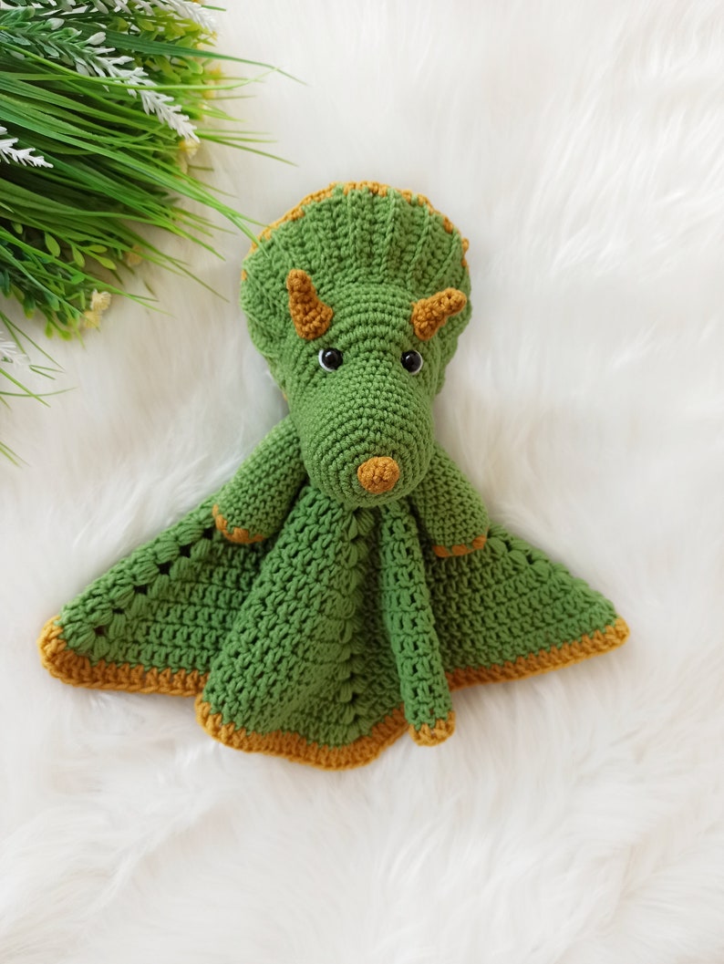 Crochet dinosaur pattern, crochet triceratops security blanket, crochet baby lovey pattern image 6