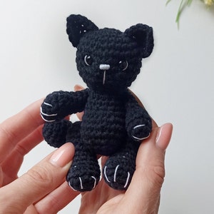 May include: A black crocheted cat toy with white accents on the eyes, nose, and paws.
